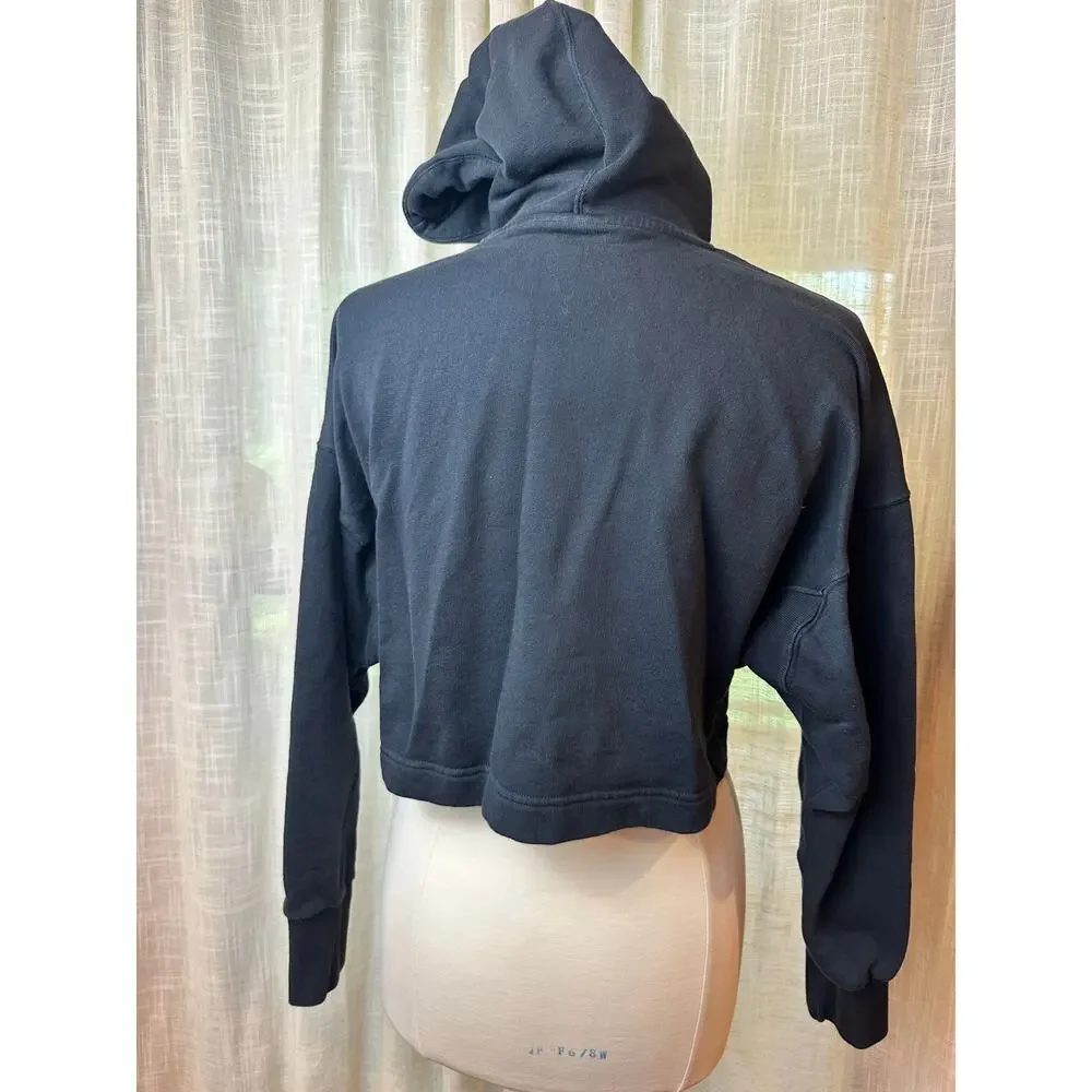 Adidas Womens Medium Cropped Hoodie Black Tonal Logo Oversized Sweatshirt M